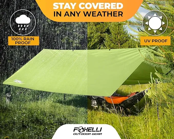 Foxelli Hammock Rain Fly - Waterproof Lightweight Tent & Hammock Rain Tarp for Camping, Backpacking w/Easy Setup Including Extra Long Guy Lines & Stakes