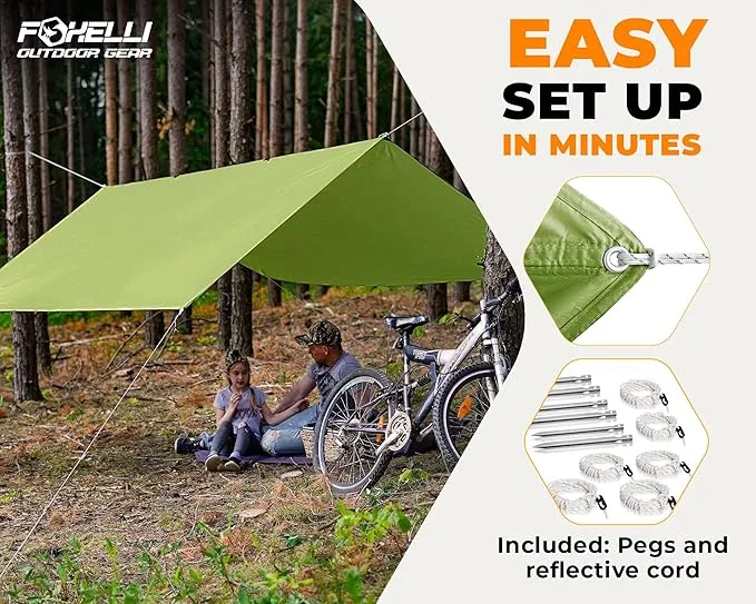 Foxelli Hammock Rain Fly - Waterproof Lightweight Tent & Hammock Rain Tarp for Camping, Backpacking w/Easy Setup Including Extra Long Guy Lines & Stakes