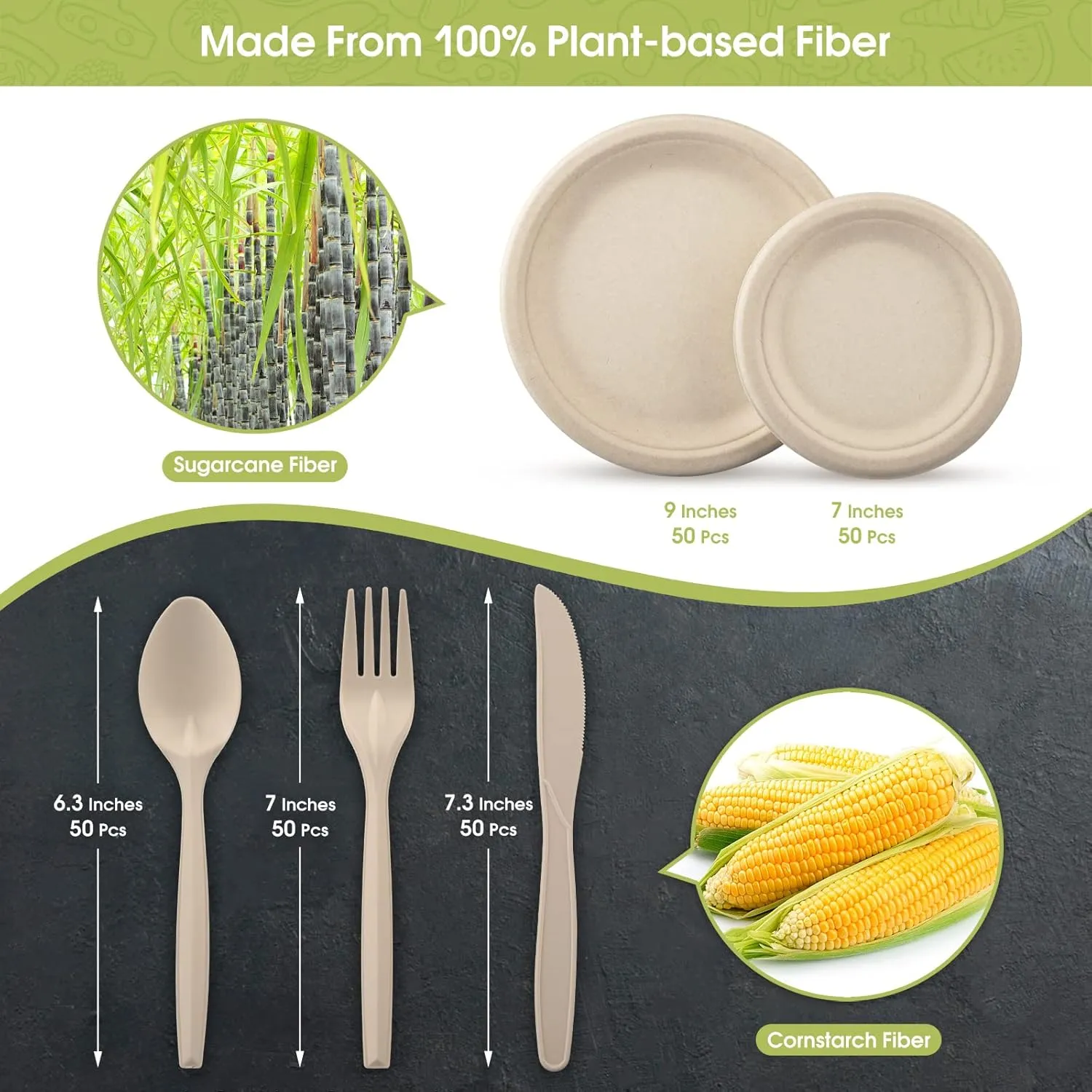 Fuyit 250Pcs Disposable Paper Plates Set with Cutlery, Compostable Biodegradable Eco-Friendly Dinnerware & Utensil Include Plate, Larger Fork, Knife & Spoon for Party, Camping, Picnic, BBQ (Natural)