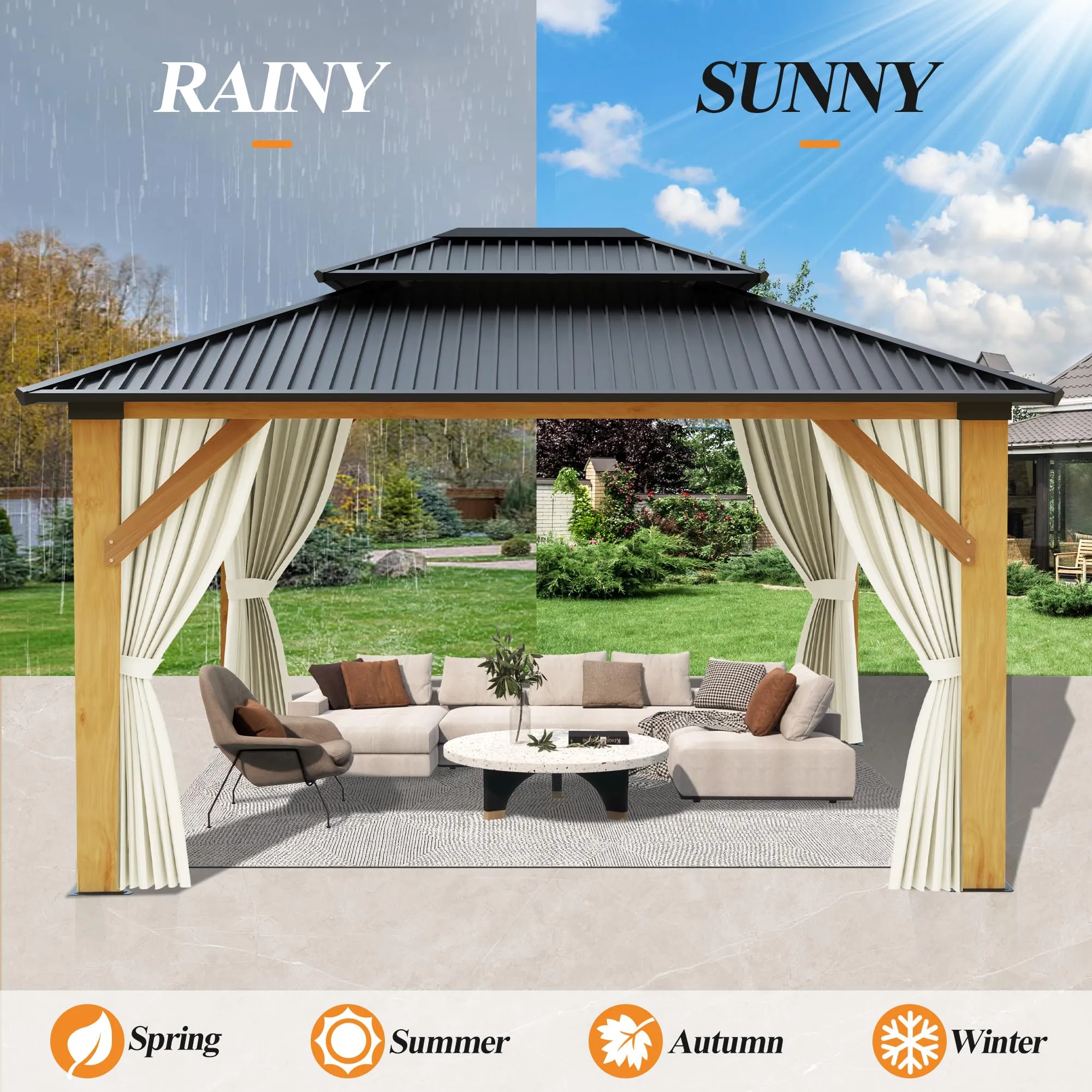 GARTOO 13’x15’ Patio Wooden Gazebo, Galvanized Steel Roof Gazebo with Privacy Curtains and Netting, Double Vented Roof Hardtop Gazebo for Garden,