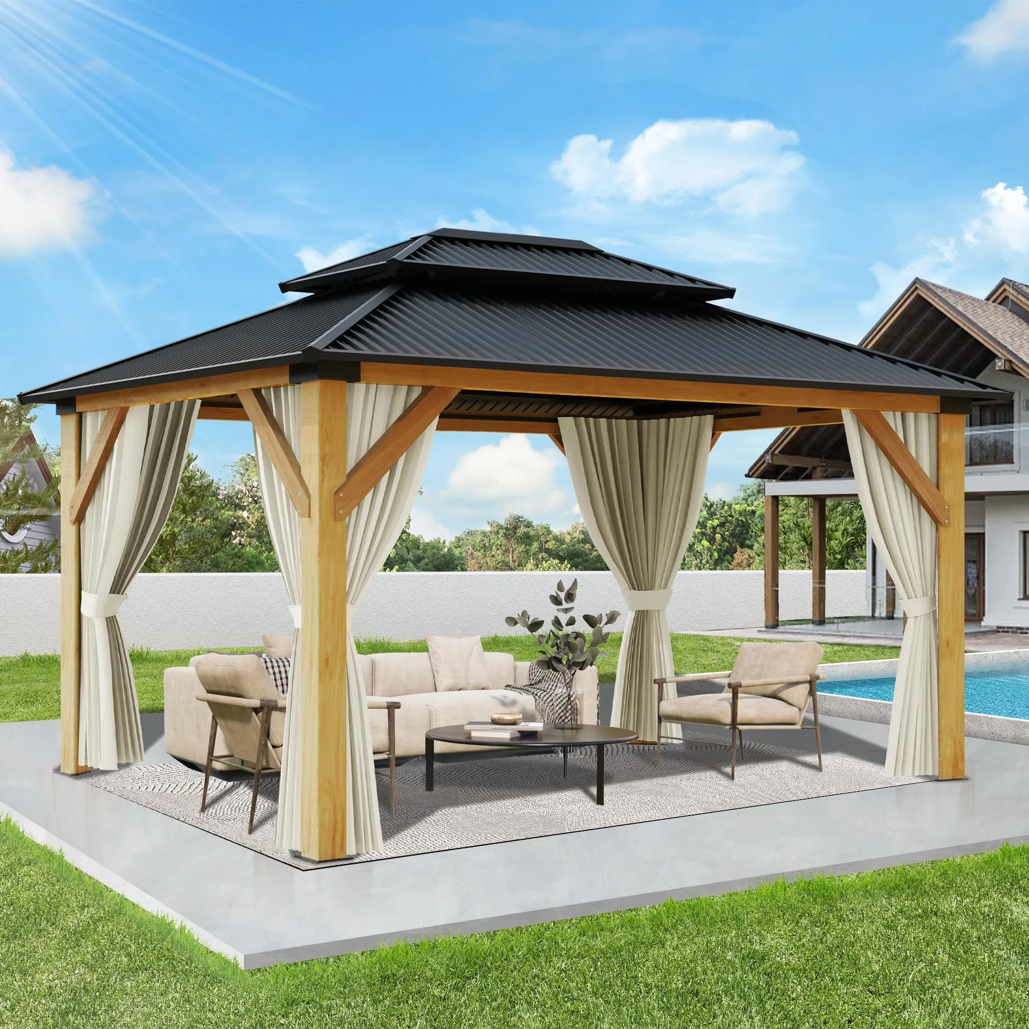 GARTOO 13’x15’ Patio Wooden Gazebo, Galvanized Steel Roof Gazebo with Privacy Curtains and Netting, Double Vented Roof Hardtop Gazebo for Garden,