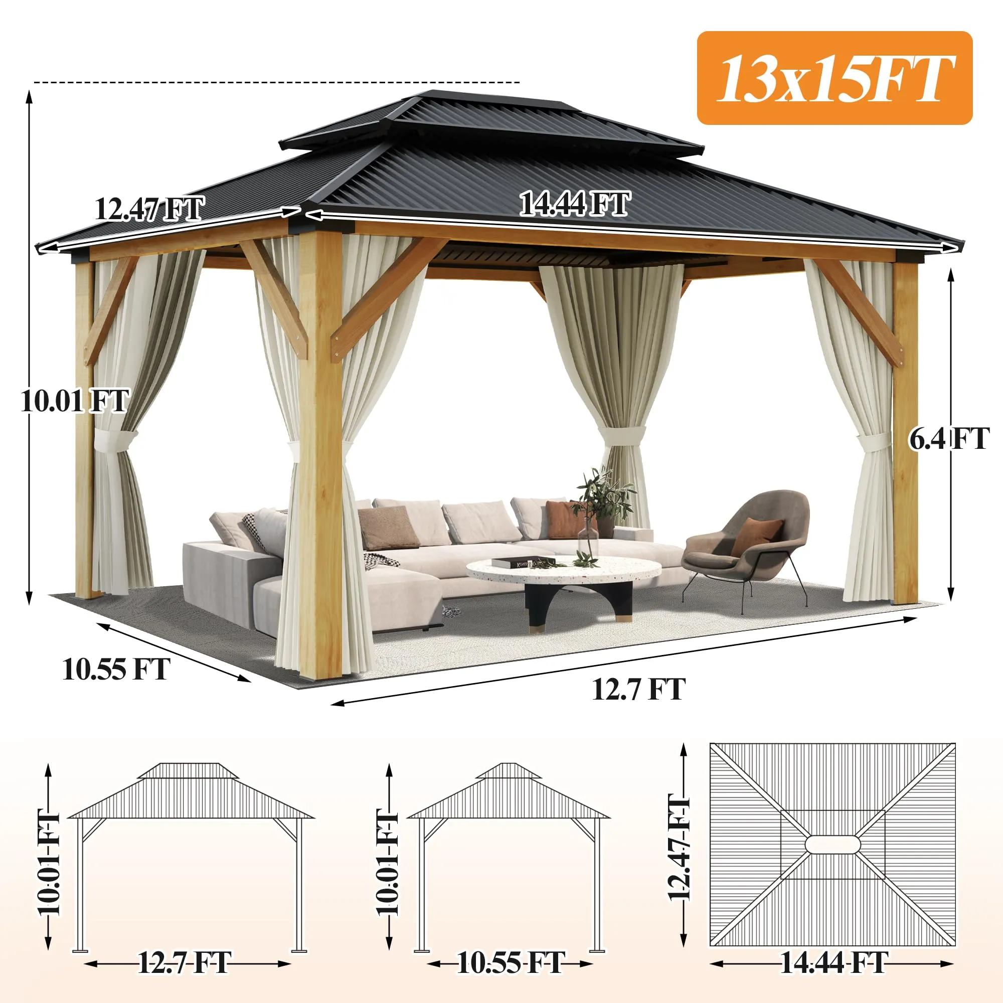 GARTOO 13’x15’ Patio Wooden Gazebo, Galvanized Steel Roof Gazebo with Privacy Curtains and Netting, Double Vented Roof Hardtop Gazebo for Garden,