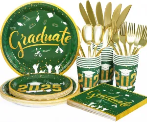 Graduation Plates and Napkins 2025 Graduation Party Supplies - Green and Gold Paper Plates Tableware Set for Congrats Grad Graduation Party Decorations, Serves 24