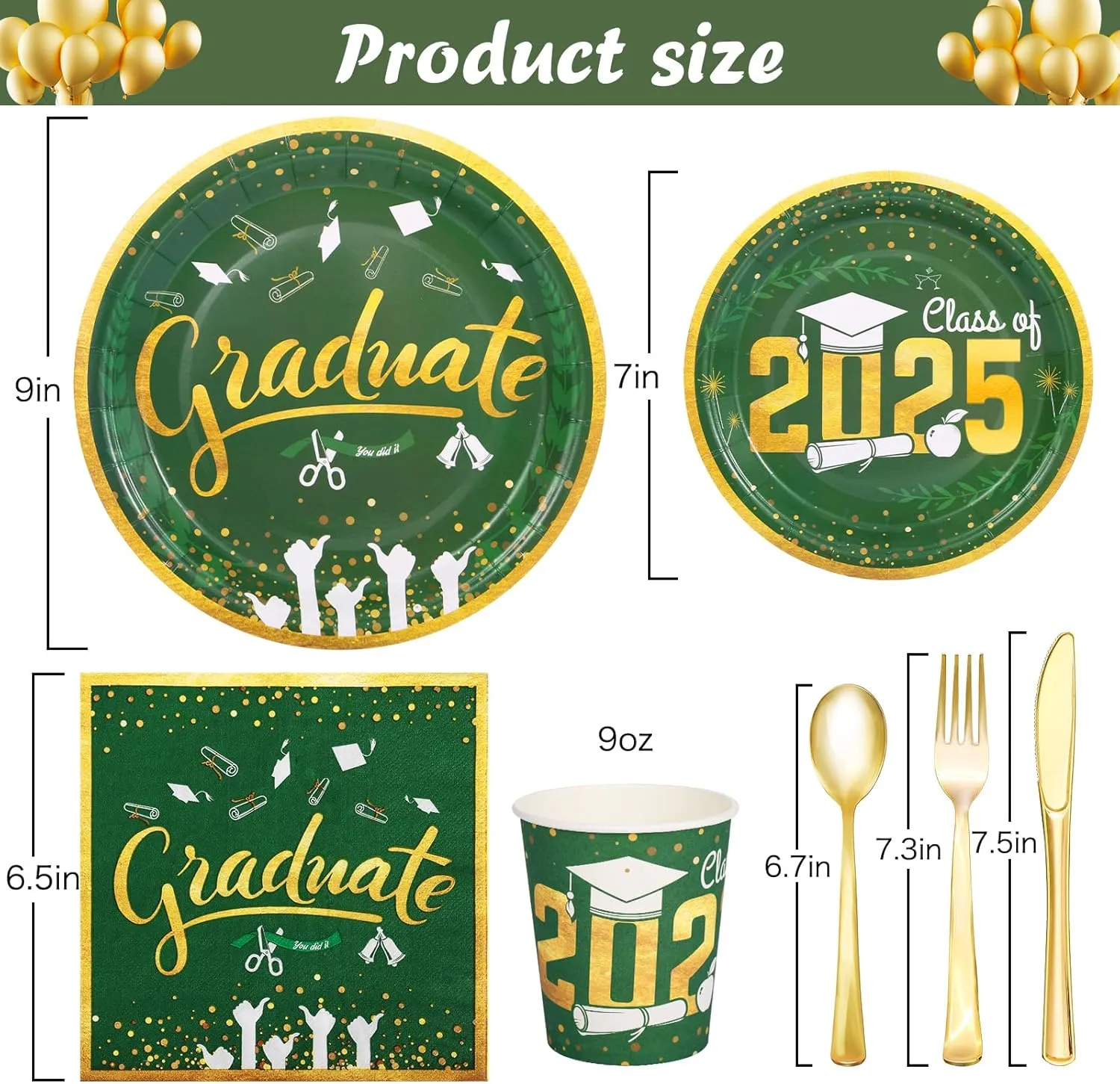 Graduation Plates and Napkins 2025 Graduation Party Supplies - Green and Gold Paper Plates Tableware Set for Congrats Grad Graduation Party Decorations, Serves 24