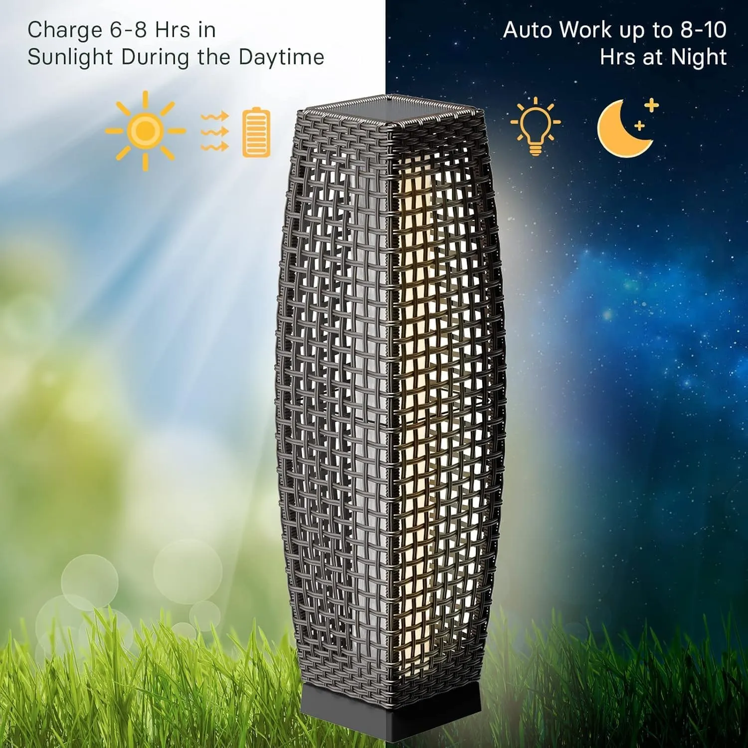 Grand patio Solar Outdoor Floor Lamp Water-Resistant Wicker Deck Lantern Light for Garden or Porch-Large Fuji, Dark Brown