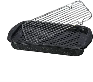 Granite Ware 3 piece multiuse set. Enameled steel bake, broiler pan, and grill with rack. Versatile for oven and direct fire cooking. Resists up to 932°F.