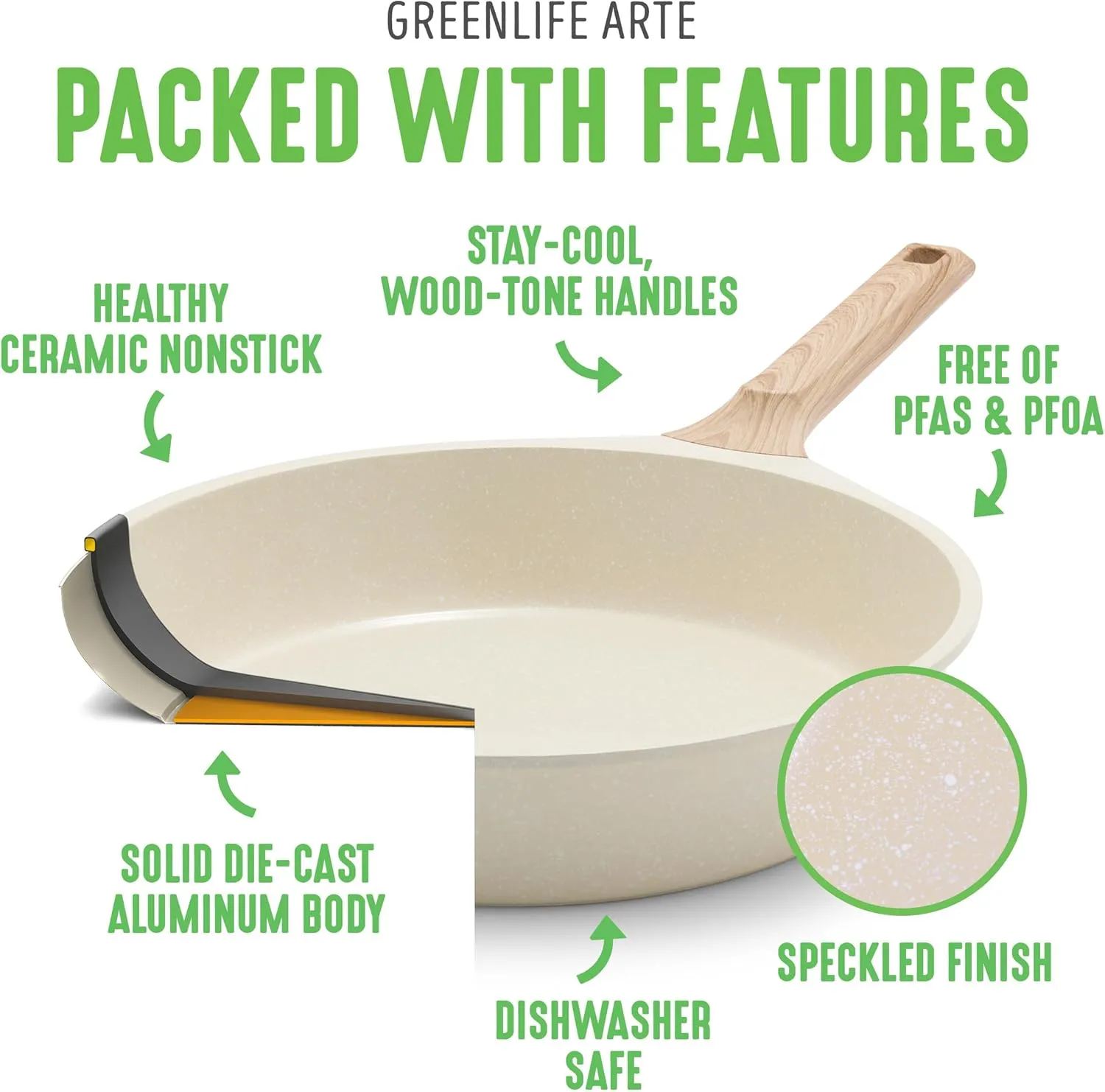 GreenLife Arte 8 Piece Ceramic Nonstick Cookware Pots and Pans Set, Induction Suitable, PFOA & PFAS Free, Wood Print Handles, Glass Lids, Stock Saucepans & Frying Pans, Dishwasher Safe, Speckled Cream