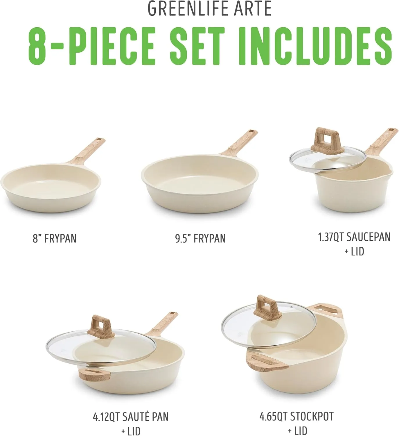 GreenLife Arte 8 Piece Ceramic Nonstick Cookware Pots and Pans Set, Induction Suitable, PFOA & PFAS Free, Wood Print Handles, Glass Lids, Stock Saucepans & Frying Pans, Dishwasher Safe, Speckled Cream