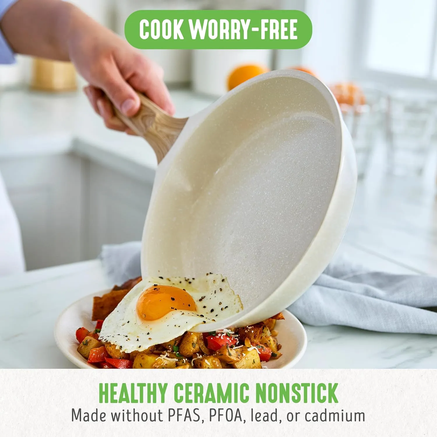 GreenLife Arte 8 Piece Ceramic Nonstick Cookware Pots and Pans Set, Induction Suitable, PFOA & PFAS Free, Wood Print Handles, Glass Lids, Stock Saucepans & Frying Pans, Dishwasher Safe, Speckled Cream