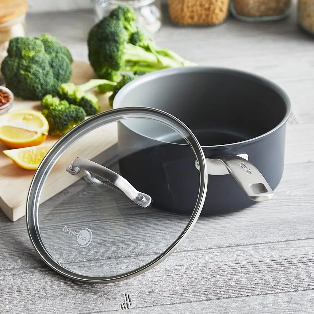 GreenPan Chatham Hard Anodized Healthy Ceramic Nonstick, 3QT Saucepan Pot with Lid, PFAS-Free, Dishwasher Safe, Oven Safe, Gray