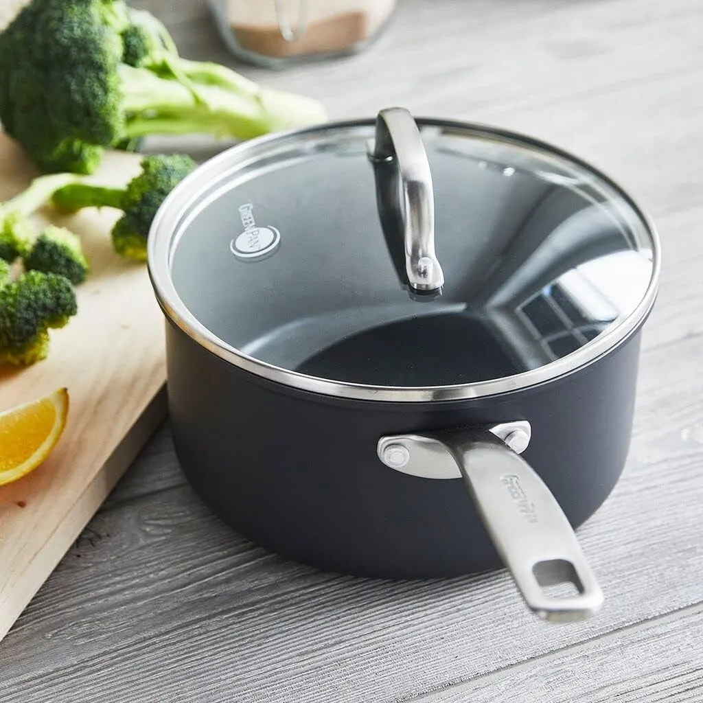GreenPan Chatham Hard Anodized Healthy Ceramic Nonstick, 3QT Saucepan Pot with Lid, PFAS-Free, Dishwasher Safe, Oven Safe, Gray