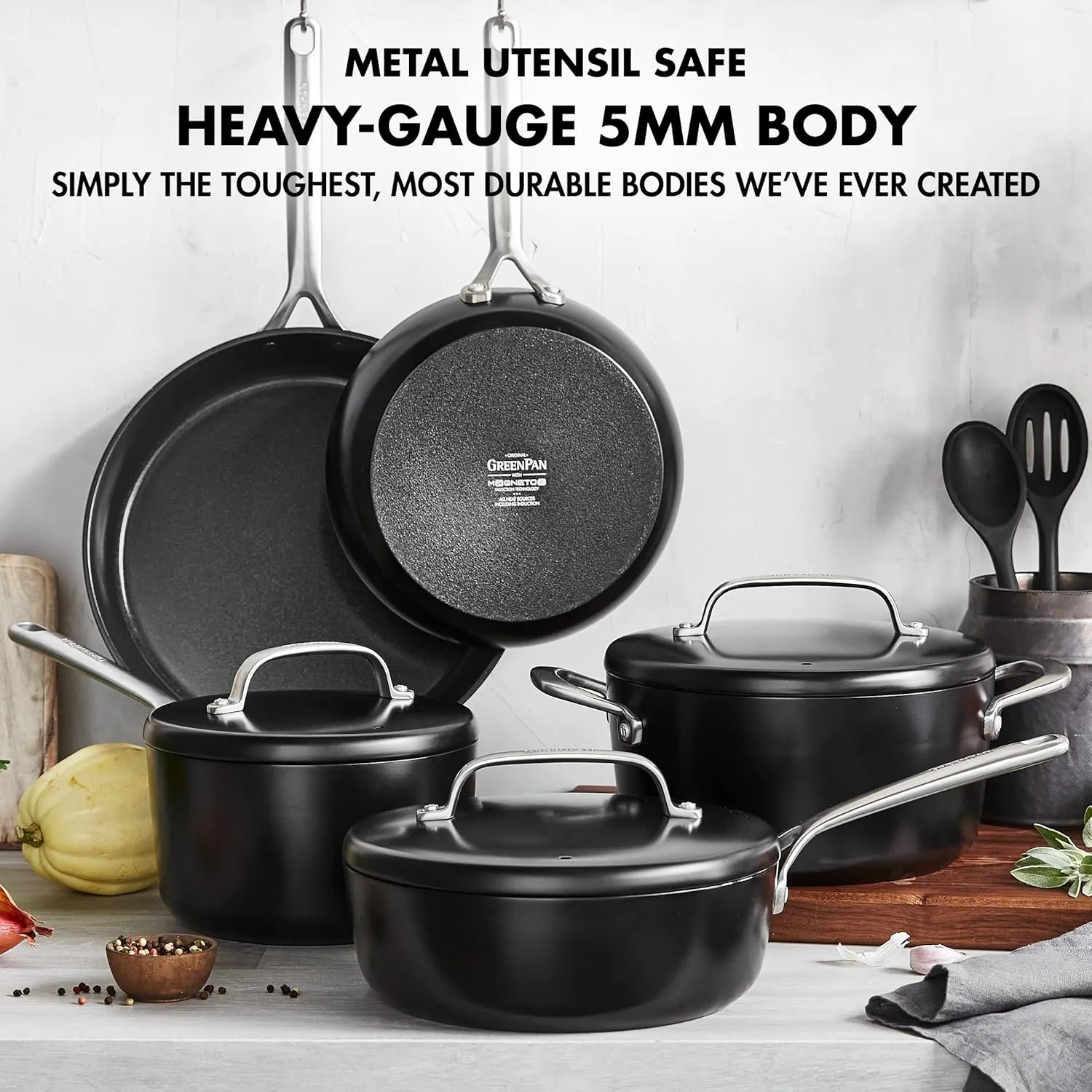 GreenPan GP5 Hard Anodized Healthy Ceramic Nonstick 14 Piece Cookware Pots & Pans Set, Heavy Gauge Scratch Resistant, Stay-Flat-Surface, Induction, Oven Safe, PFAS-Free, Black