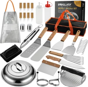 Grilljoy 37Pcs Flat Top Griddle Tools Set with Long/Short Spatulas Scraper & Basting Cover - Stainless Steel Grill Cooking Kit for Teppanyaki Camping - Complete Griddle Accessories Kit for Men Women