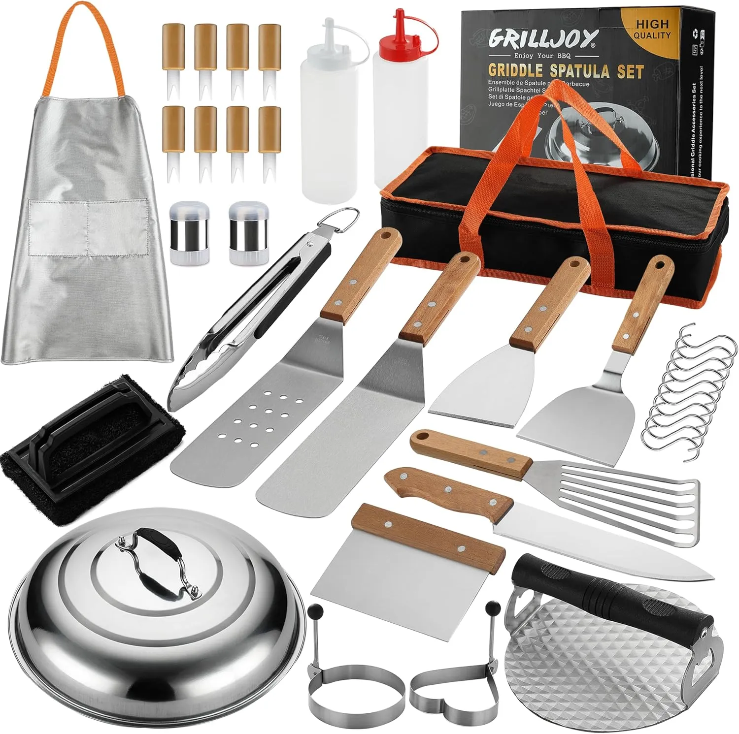 Grilljoy 37Pcs Flat Top Griddle Tools Set with Long/Short Spatulas Scraper & Basting Cover - Stainless Steel Grill Cooking Kit for Teppanyaki Camping - Complete Griddle Accessories Kit for Men Women