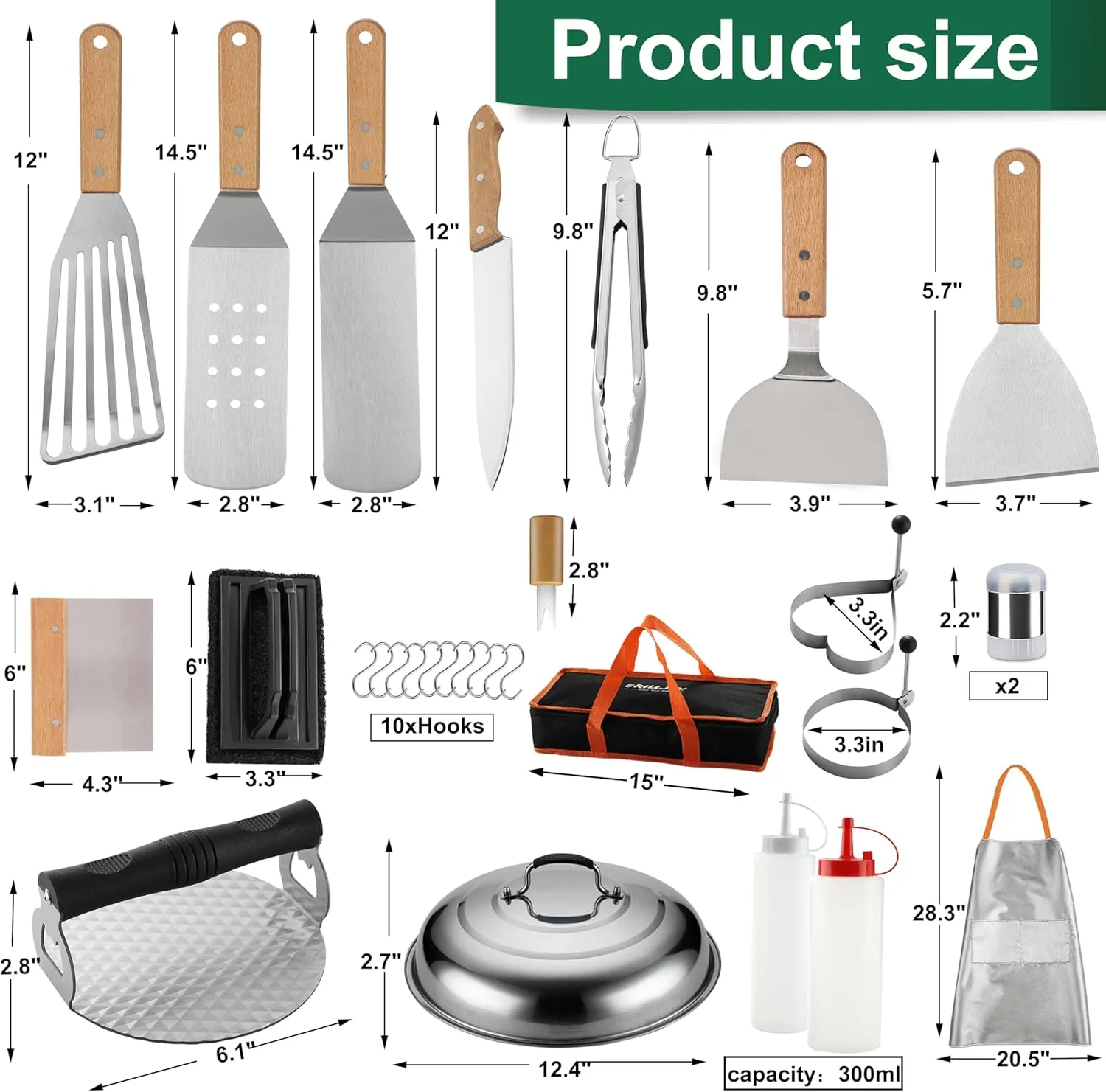 Grilljoy 37Pcs Flat Top Griddle Tools Set with Long/Short Spatulas Scraper & Basting Cover - Stainless Steel Grill Cooking Kit for Teppanyaki Camping - Complete Griddle Accessories Kit for Men Women