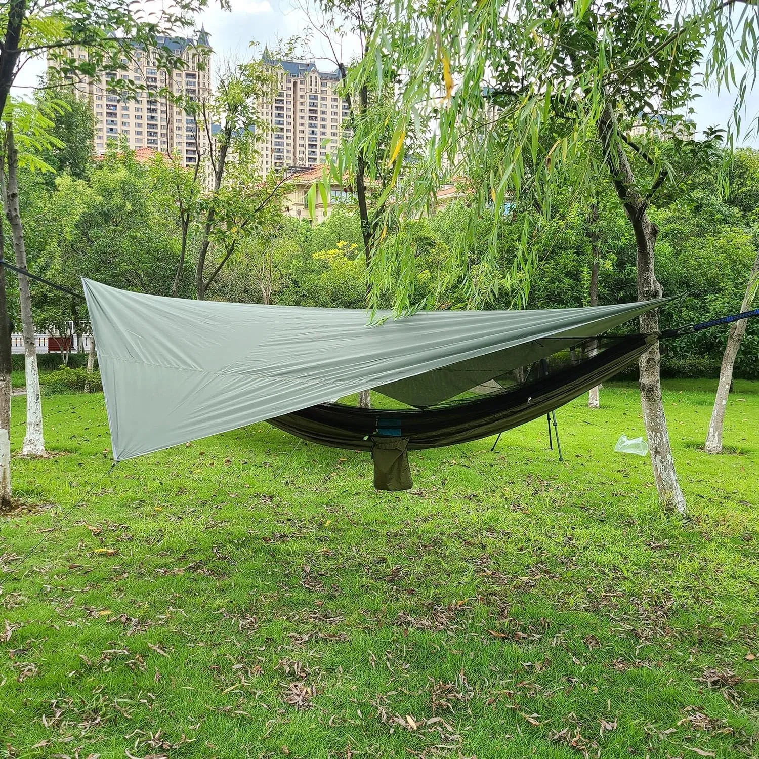 Hammock Portable Nylon Camping Hammock with Waterproof Rain Fly Canopy Tarp for Outdoor Hanging Bed Sleeping, Green 1