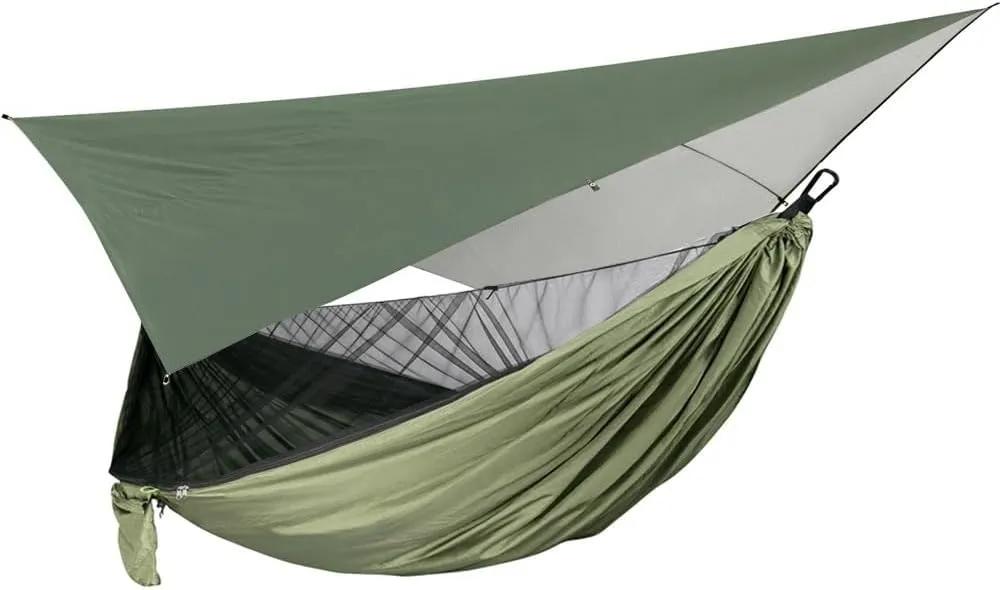 Hammock Portable Nylon Camping Hammock with Waterproof Rain Fly Canopy Tarp for Outdoor Hanging Bed Sleeping, Green 1
