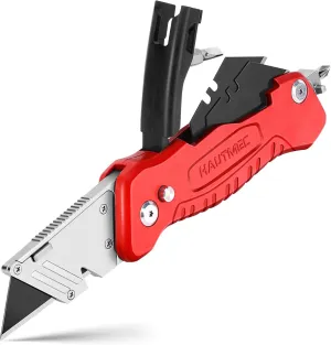 HAUTMEC Folding Utility Knife, Heavy-Duty Aluminum Box Cutter with Screwdriver, Wire Stripper, Quick-Change Blades & Blade Storage, Multifunctional Work Knife for DIY & Professionals, HT0294-FK
