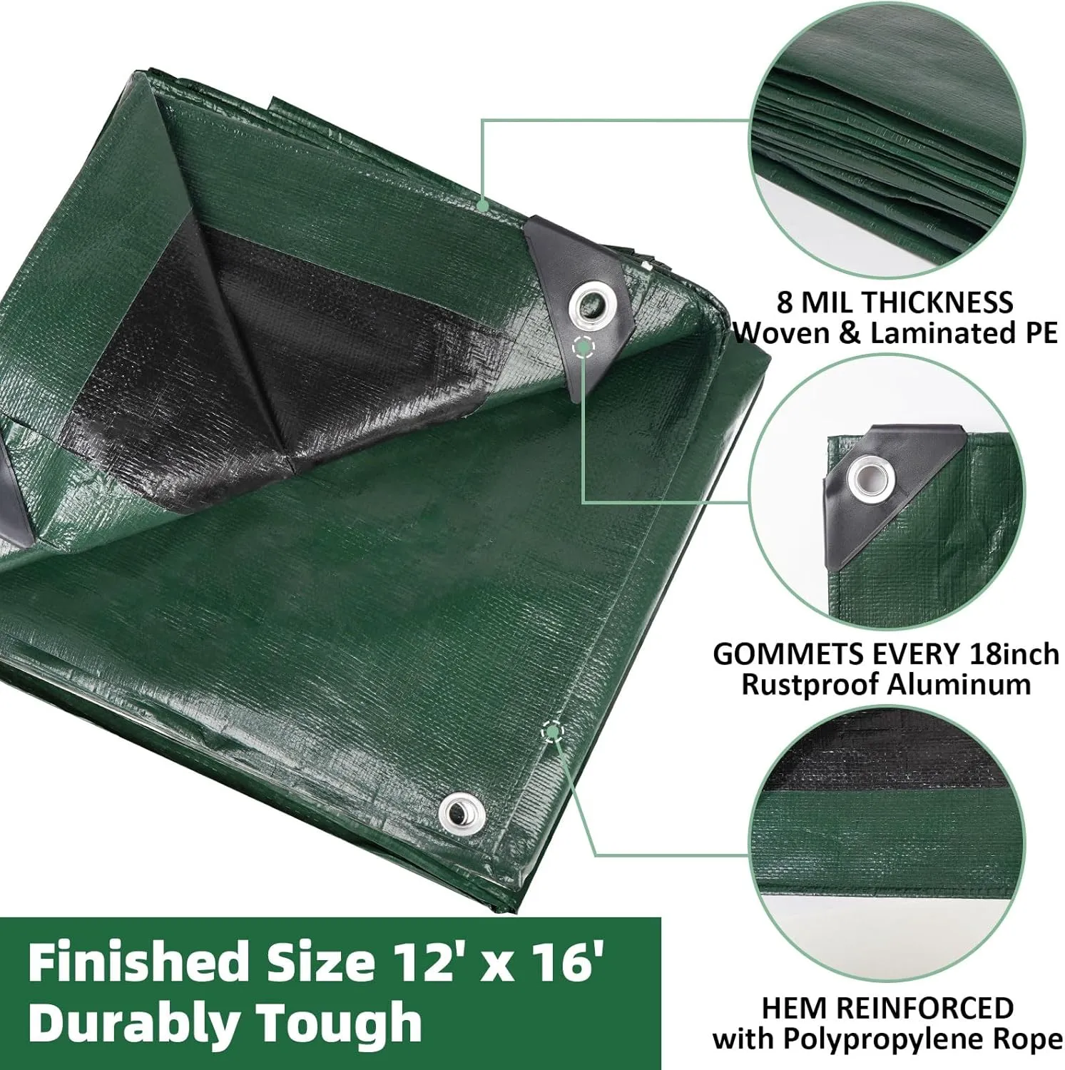 Heavy Duty Double-Sided Waterproof Poly Tarp 12x16 Feet 8mil Thick Polyethylene Tarps, Perfect for Outdoor Use, Plastic Cover & Mat for Tent Camping Storage Boat Bikes Vehicles