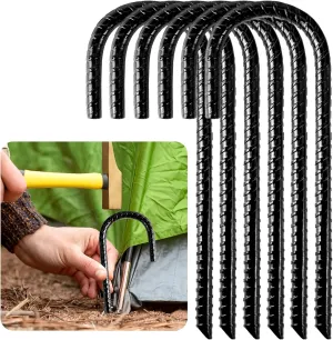 Heavy Duty Galvanized Steel Ground Stakes, 6pcs, Black, 2" x 8" J-Hook Anchor Stakes for Fences, Tents, Canopies