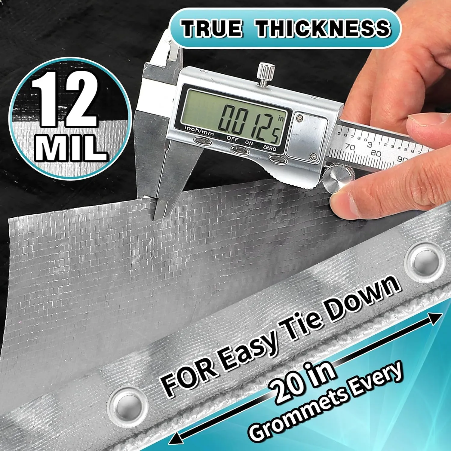 Heavy Duty Tarp 12' x 20', 12 Mil Thick Waterproof Poly Tarps, High Durability, Rip and Tear Resistant with Metal Grommets Every 20 Inches (Silver/Black)