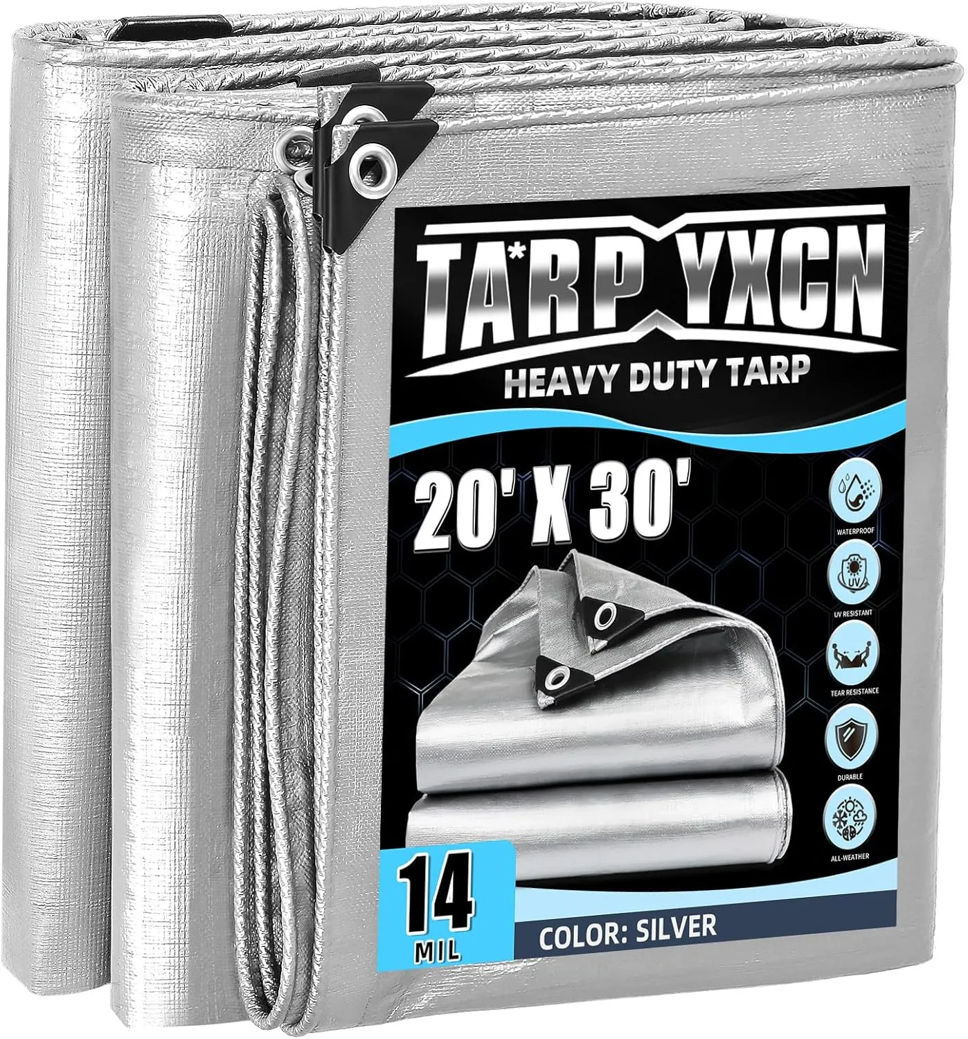 Heavy Duty Tarp 20x30 Feet, 14 Mil Waterproof Poly Tarps Cover UV Resistant, Rip & Tear Proof with Metal Grommets Every 20 Inches Silver Tarp by TA*RP YXCN