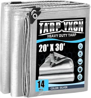 Heavy Duty Tarp 20x30 Feet, 14 Mil Waterproof Poly Tarps Cover UV Resistant, Rip & Tear Proof with Metal Grommets Every 20 Inches Silver Tarp by TA*RP YXCN