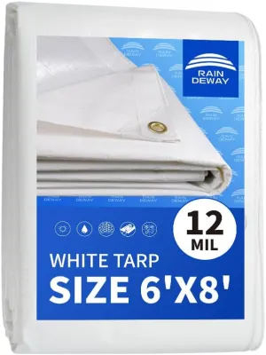 Heavy Duty White Tarps 6' X 8',12 Mil Extra Thick,Durable,Waterproof, UV Resistant, Weatherproof Poly Canopy Tarp,Camping,Carport, (Finished Size)-by Raindeway