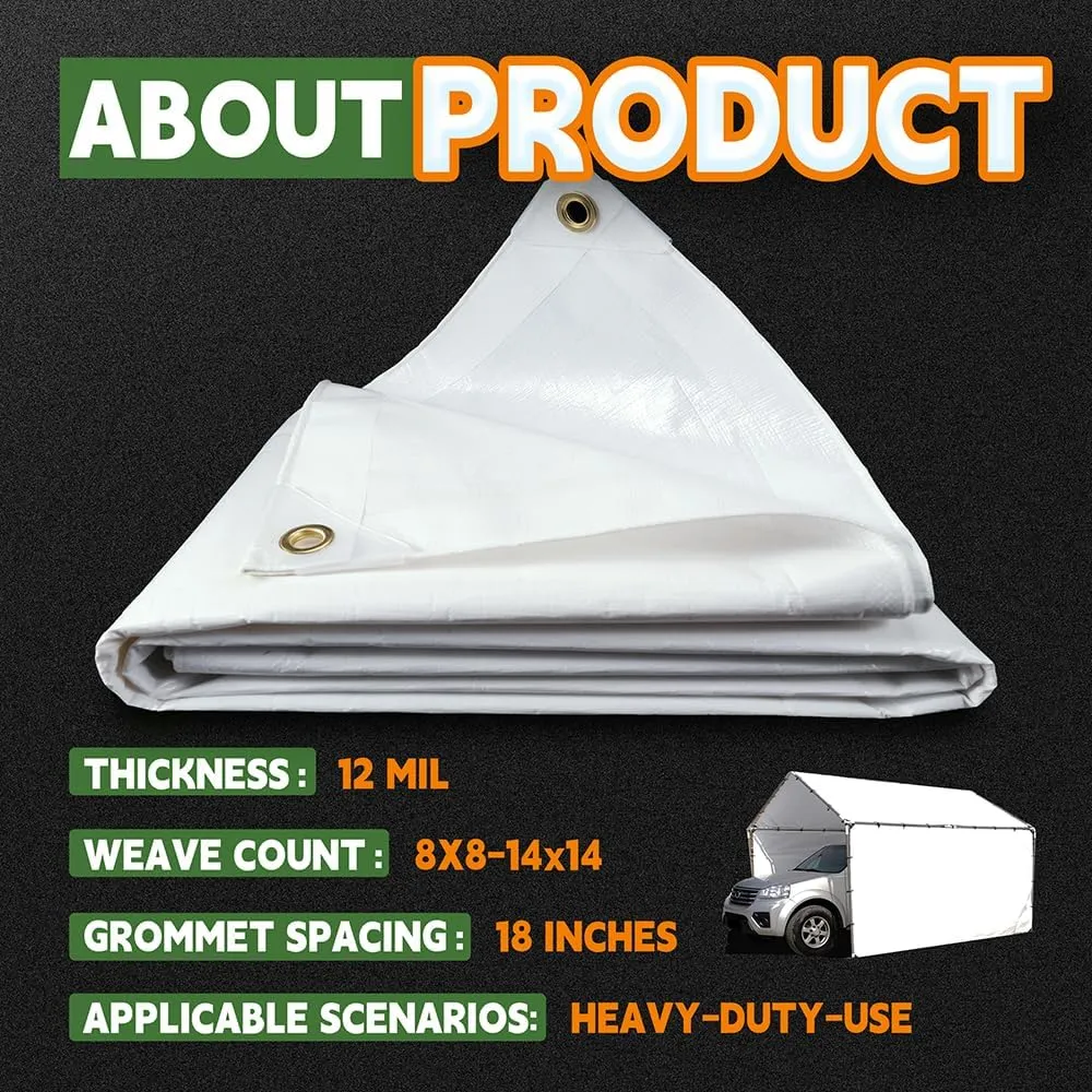Heavy Duty White Tarps 6' X 8',12 Mil Extra Thick,Durable,Waterproof, UV Resistant, Weatherproof Poly Canopy Tarp,Camping,Carport, (Finished Size)-by Raindeway