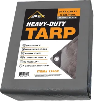 Heavy Silver/Black Tarp - 25ft x 45ft - 10 MIL Multipurpose UV Resistant, Waterproof Protective Tarp Cover with Metal Grommets and Reinforced Edges - for Roof, Camping, Patio, Pool, Boat, Car