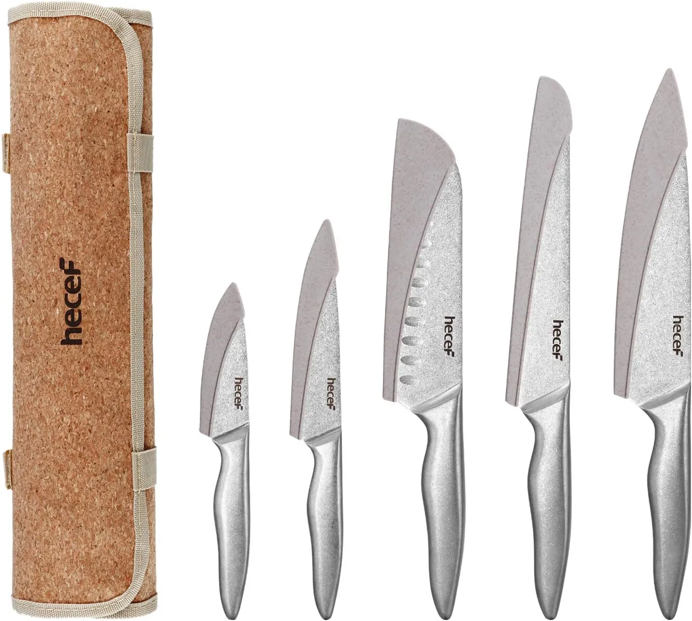 hecef Vintage Style Kitchen Knife Sets,Scratch Resistant Camping Matte Knives with 5 Slots Recycled Oxford Cloth Knife Roll Bag & Covers,Stonewashed High Carbon Stainless Steel Blades & Hollow Handle