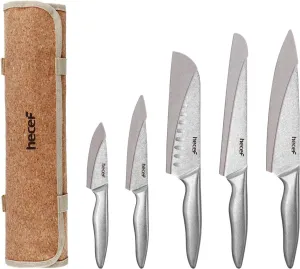 hecef Vintage Style Kitchen Knife Sets,Scratch Resistant Camping Matte Knives with 5 Slots Recycled Oxford Cloth Knife Roll Bag & Covers,Stonewashed High Carbon Stainless Steel Blades & Hollow Handle