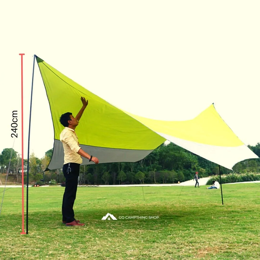 Hexagon Camping Tarp Large 5 meter Outdoor Waterproof Flysheet With Poles Green Grey Color