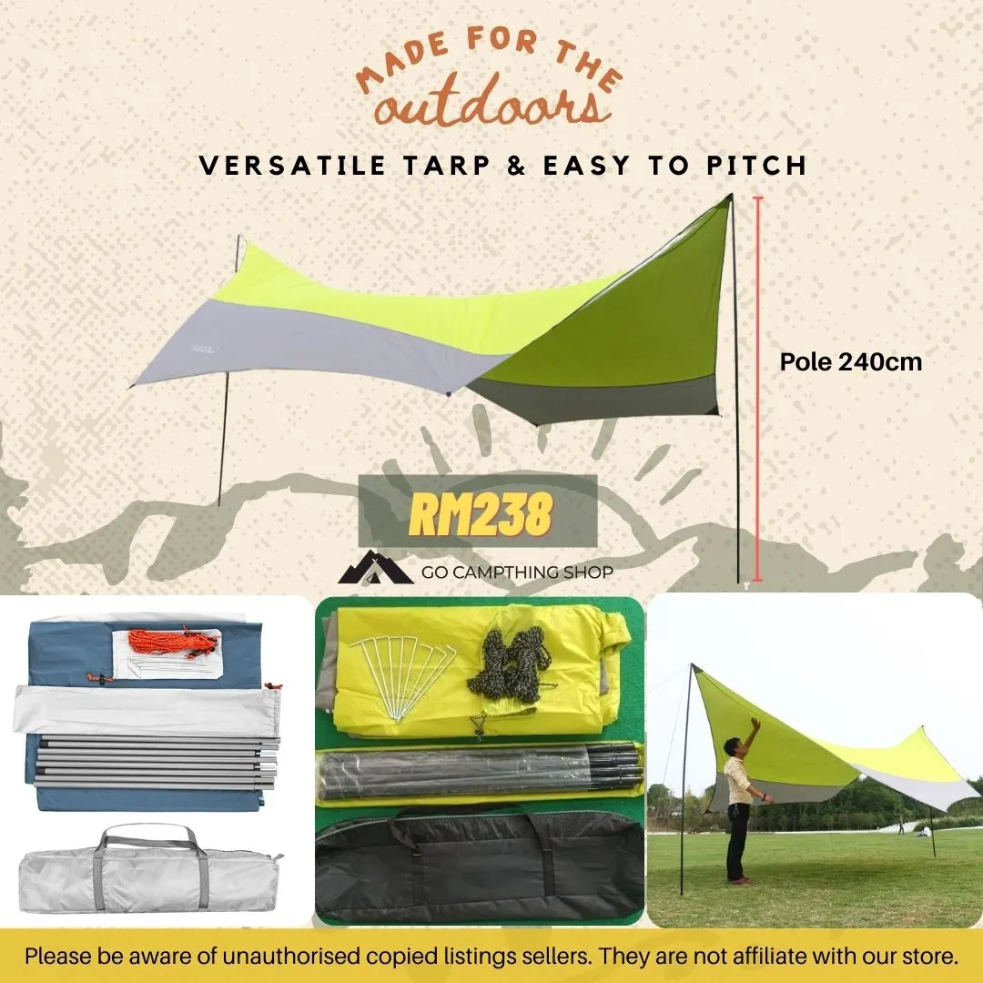 Hexagon Camping Tarp Large 5 meter Outdoor Waterproof Flysheet With Poles Green Grey Color