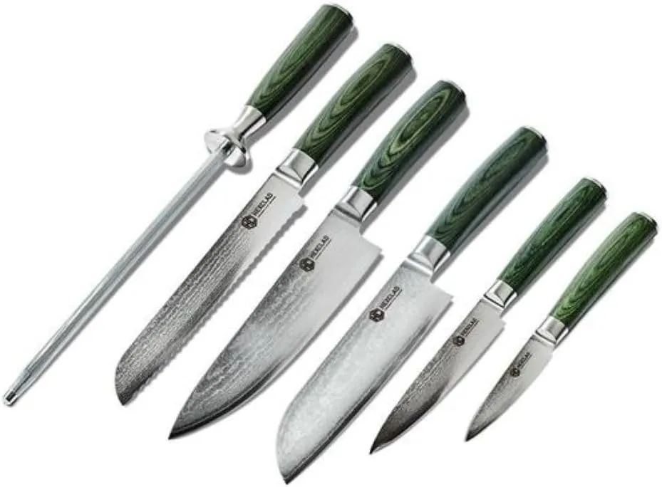 HexClad Essential Knife Set, 6-Piece, Japanese Damascus Stainless Steel Blades, Full Tang Construction, Pakkawood Handles