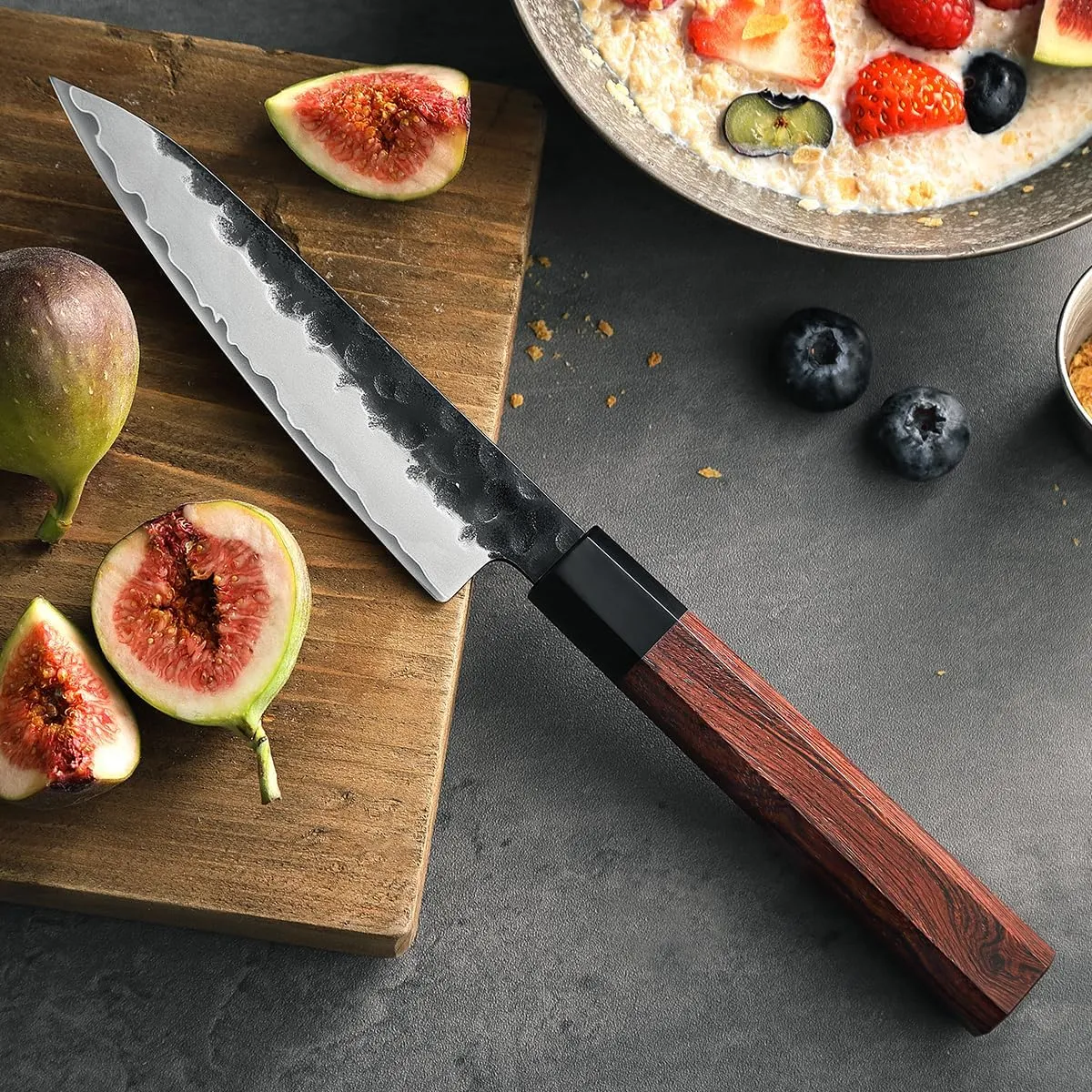 HEZHEN 5.3" Utility Knife, Clad Steel Composite Forging Steel Universal Knife, Petty Knife Paring Fruit Peeling,Japanese Style Kitchen Knife,Natural Wood Octagonal Handle