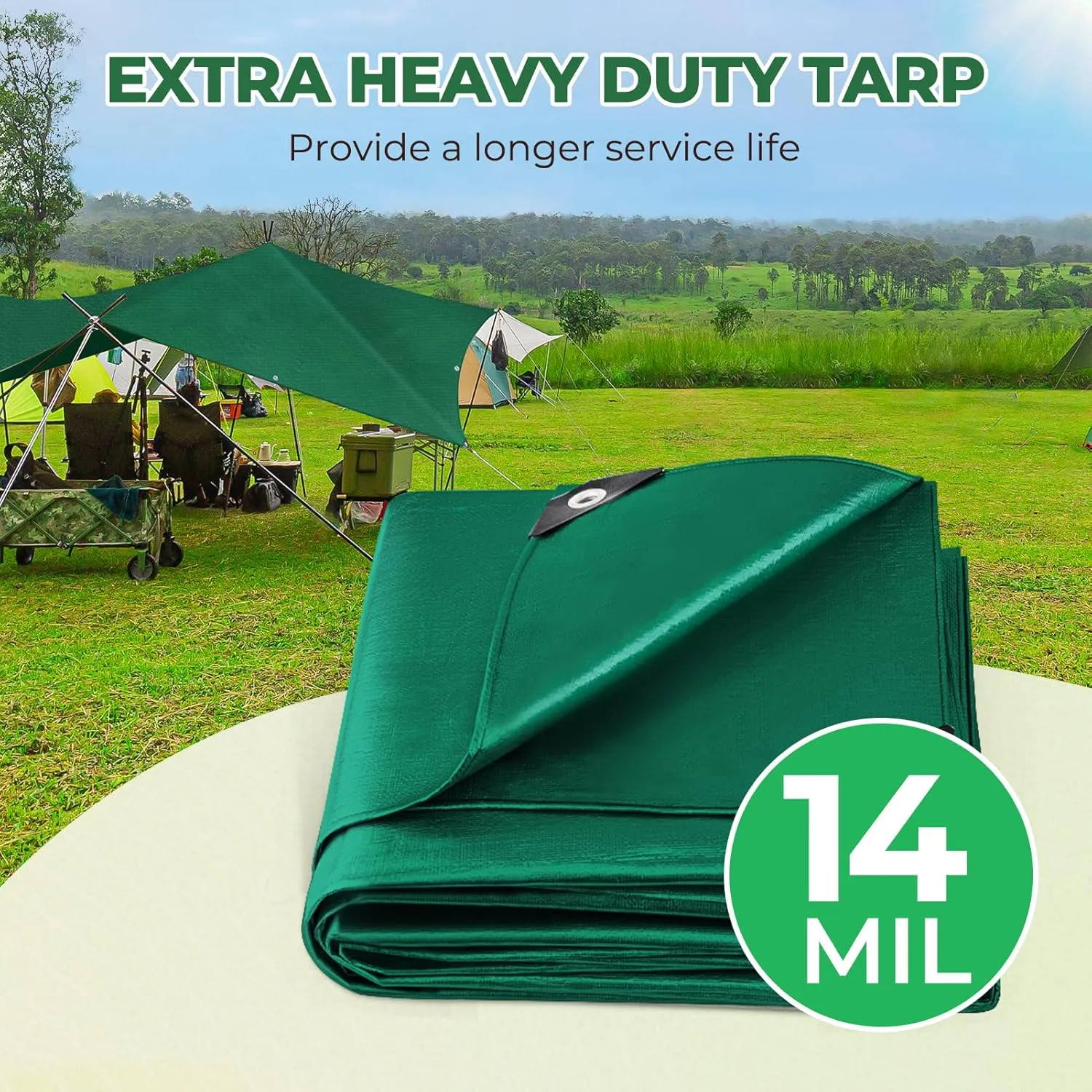 HIRALIY 14 Mil Tarp Waterproof 16x20 Feet, Extra Thick Heavy Duty Tarp with Reinforced Grommets for Firewood, Roof, Camping, Patio, Pool, Boat, Dump Trailer