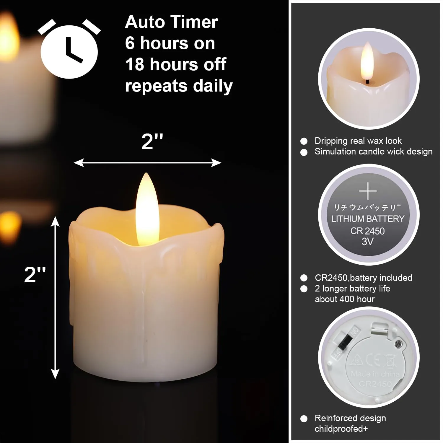 Homemory Flameless Votive Candles with Timer, 2" x 2" Real Wax, 400 Hour Realistic Black Wick Battery Operated Candles, Set of 6 for Wedding, Party and Holiday Decoration (Battery Included)