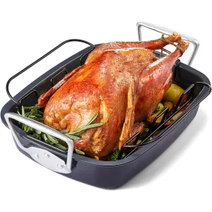 HONGBAKE Nonstick Turkey Roasting Pan with Rack - 18.7×13.6 Inch Extra Large Roaster Pan for 25 lb Chicken, Deep Turkey Tray for Oven, U-Shaped Rack, Wider Handles, Heavy Duty, Non Toxic, Grey