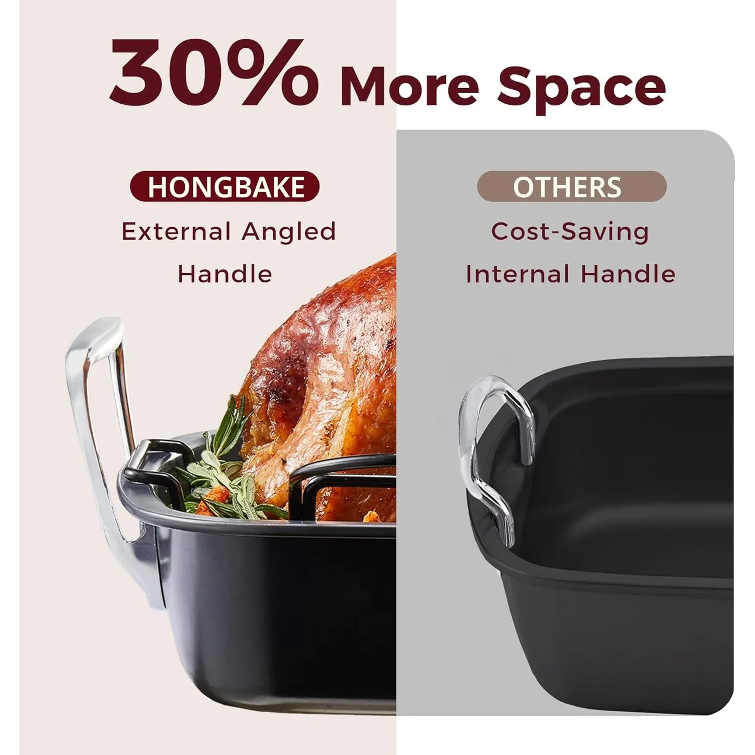 HONGBAKE Nonstick Turkey Roasting Pan with Rack - 18.7×13.6 Inch Extra Large Roaster Pan for 25 lb Chicken, Deep Turkey Tray for Oven, U-Shaped Rack, Wider Handles, Heavy Duty, Non Toxic, Grey