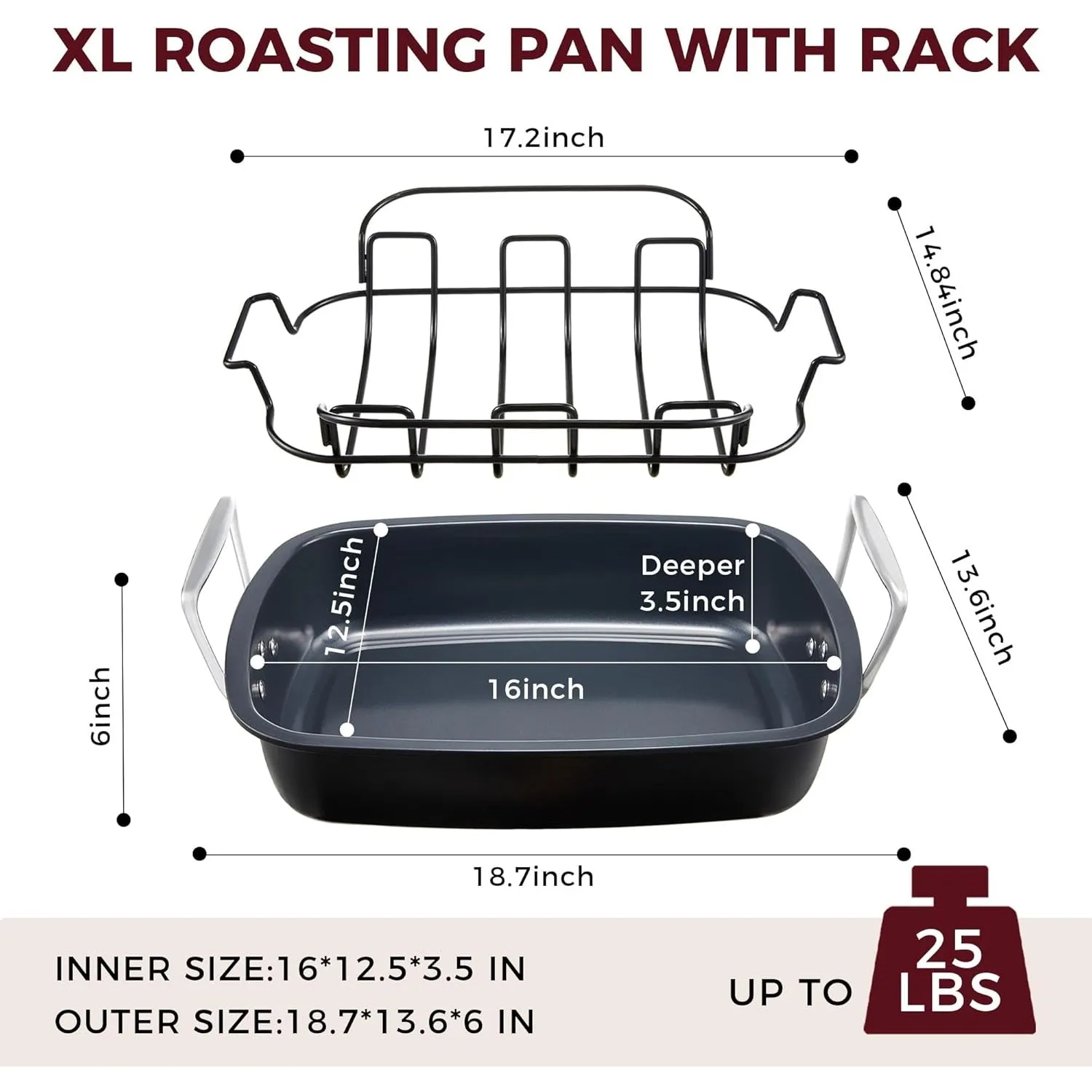 HONGBAKE Nonstick Turkey Roasting Pan with Rack - 18.7×13.6 Inch Extra Large Roaster Pan for 25 lb Chicken, Deep Turkey Tray for Oven, U-Shaped Rack, Wider Handles, Heavy Duty, Non Toxic, Grey