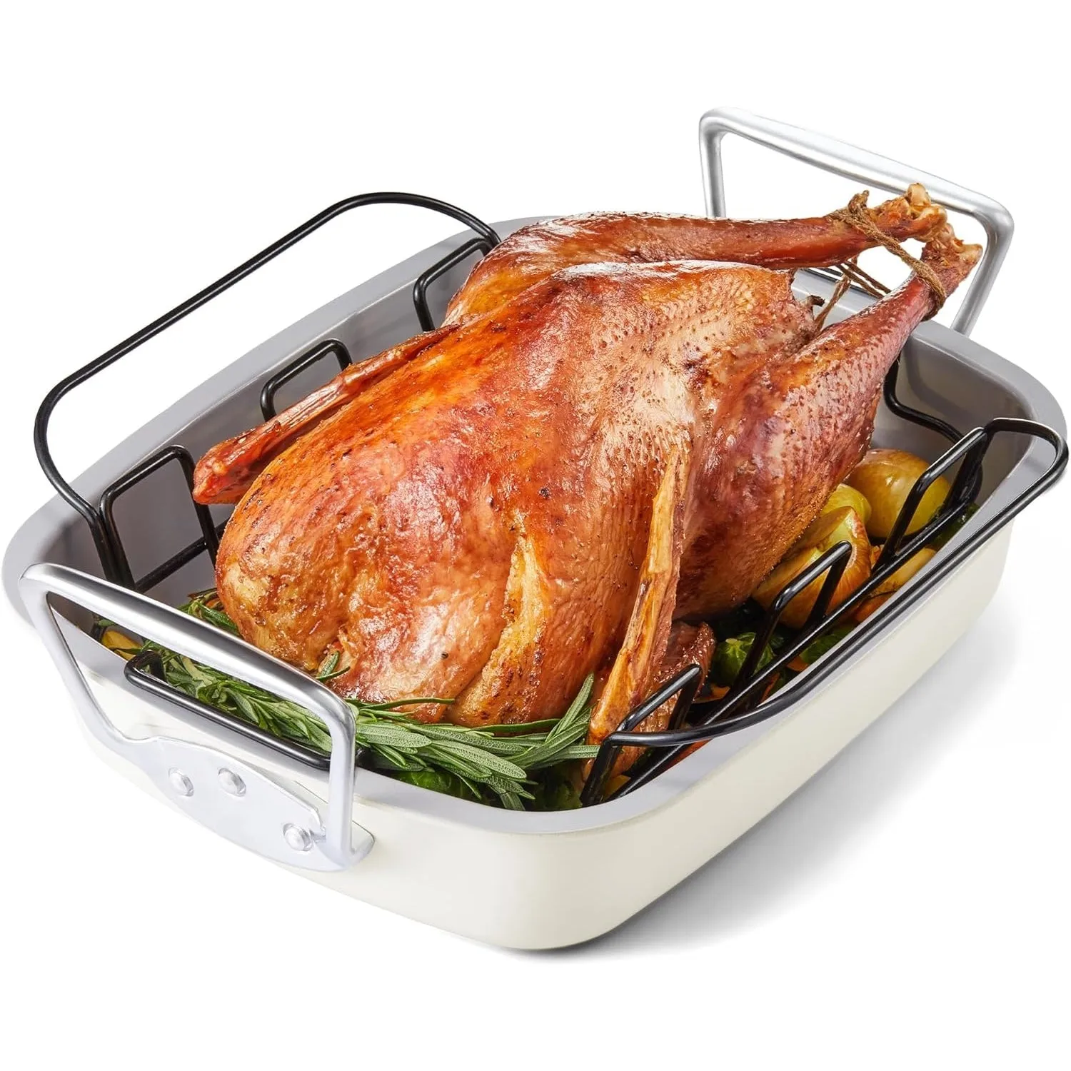 HONGBAKE Nonstick Turkey Roasting Pan with Rack - 18.7×13.6 Inch Extra Large Roaster Pan for 25 lb Chicken, Deep Turkey Tray for Oven, U-Shaped Rack, Wider Handles, Heavy Duty, Non Toxic, Grey