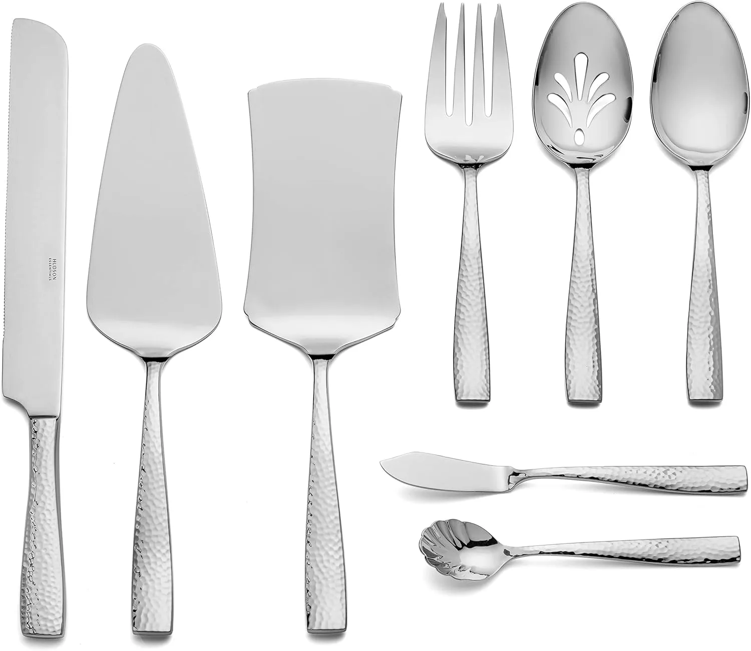 Hudson Essentials Hammered 18/10 Stainless Steel Hostess Serving Utensil Set, 8-Piece Set with Cake Knife, Cake Server and Lasagna Pie Server, Dishwasher Safe
