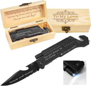 Husband Boyfriend Birthday Present, Pocket Knife with Box with 6 Functions, LED Light,Fire Starter,Bottle Opener,Seat Belt Cutter,Glass Breaker, Gift for Men, Anniversary, Father's Day