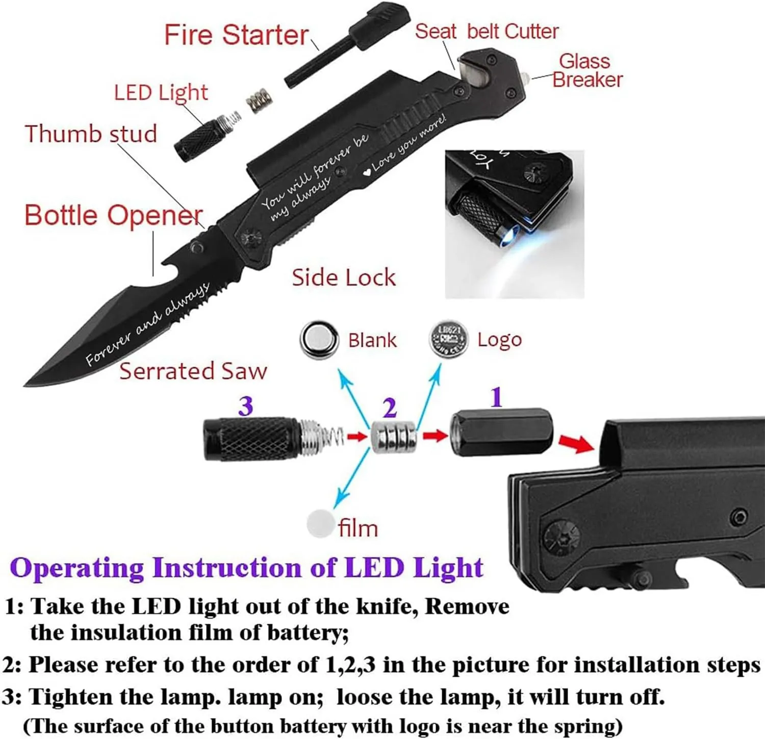 Husband Boyfriend Birthday Present, Pocket Knife with Box with 6 Functions, LED Light,Fire Starter,Bottle Opener,Seat Belt Cutter,Glass Breaker, Gift for Men, Anniversary, Father's Day