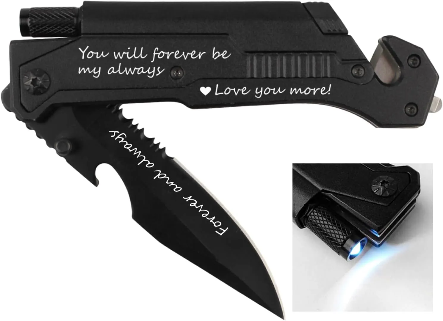 Husband Boyfriend Birthday Present, Pocket Knife with Box with 6 Functions, LED Light,Fire Starter,Bottle Opener,Seat Belt Cutter,Glass Breaker, Gift for Men, Anniversary, Father's Day