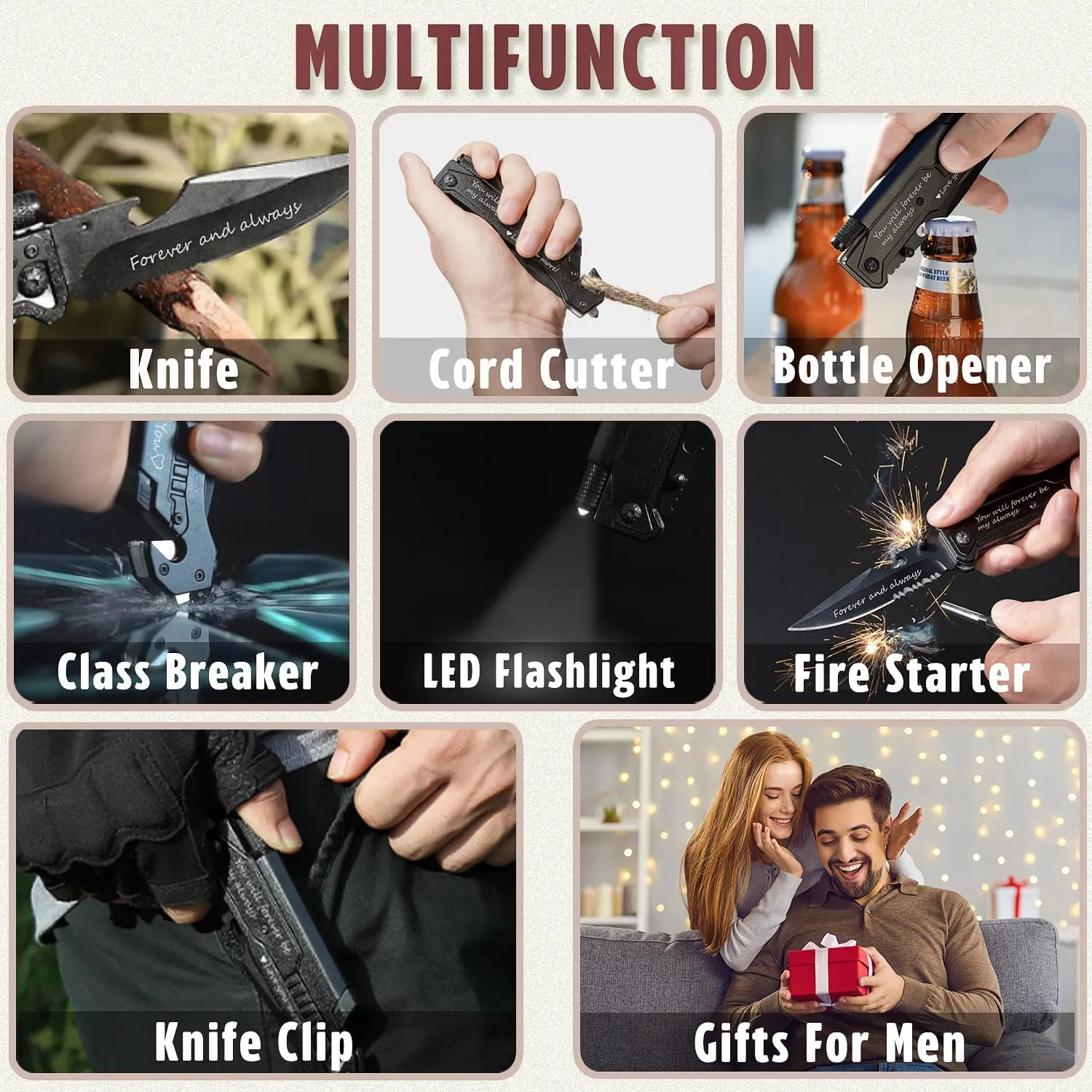Husband Boyfriend Birthday Present, Pocket Knife with Box with 6 Functions, LED Light,Fire Starter,Bottle Opener,Seat Belt Cutter,Glass Breaker, Gift for Men, Anniversary, Father's Day