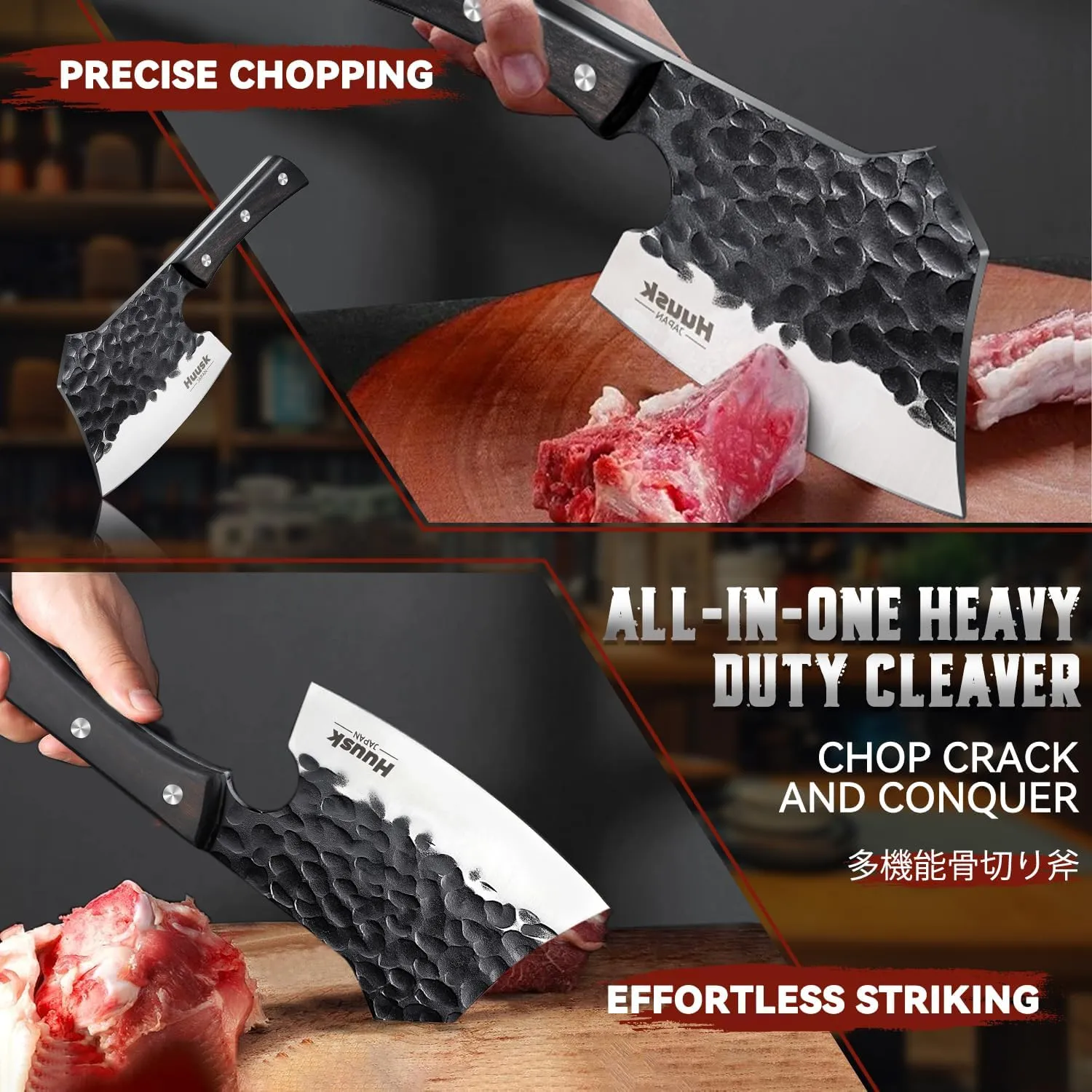 Huusk Meat Cleaver Knife Heavy Duty Bone Chopper, Hand Forged Kitchen Axe with Sheath, Full Tang Bone Chopping Knife, Japanese Butcher Knife for Meat Cutting, Kitchen Father Gift Idea Men