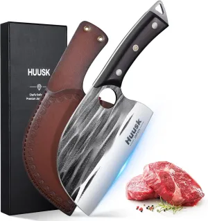 Huusk Upgraded Serbian Chef Knife - Forged Butcher Knife with Sheath, Japanese Meat Cleaver for Meat Cutting Heavy Duty Chopping Knives for Outdoor Cooking, Camping