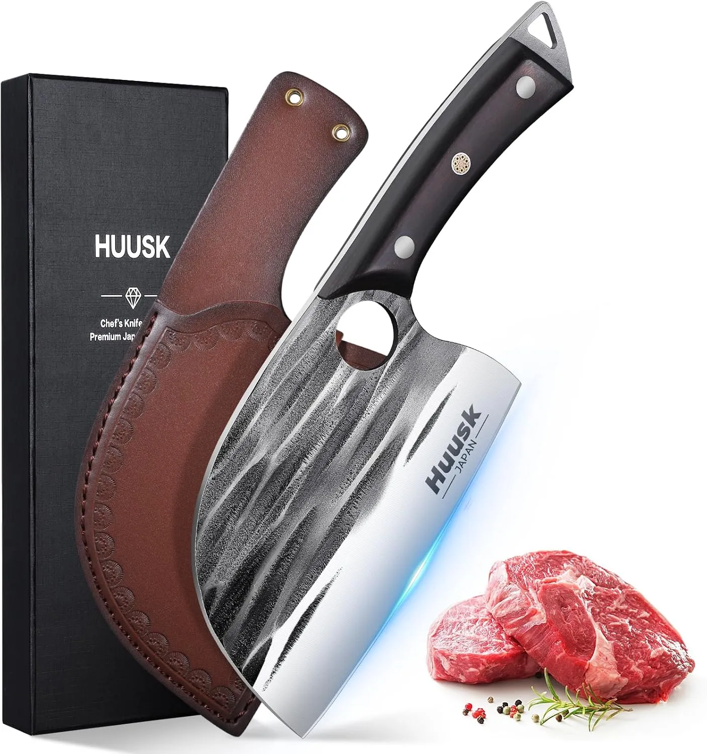 Huusk Upgraded Serbian Chef Knife - Forged Butcher Knife with Sheath, Japanese Meat Cleaver for Meat Cutting Heavy Duty Chopping Knives for Outdoor Cooking, Camping